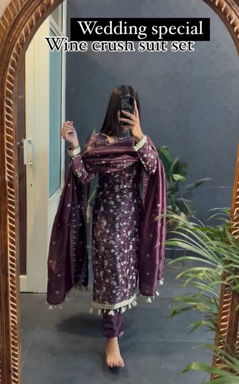 Wine silk kurta set for women,3pc suit