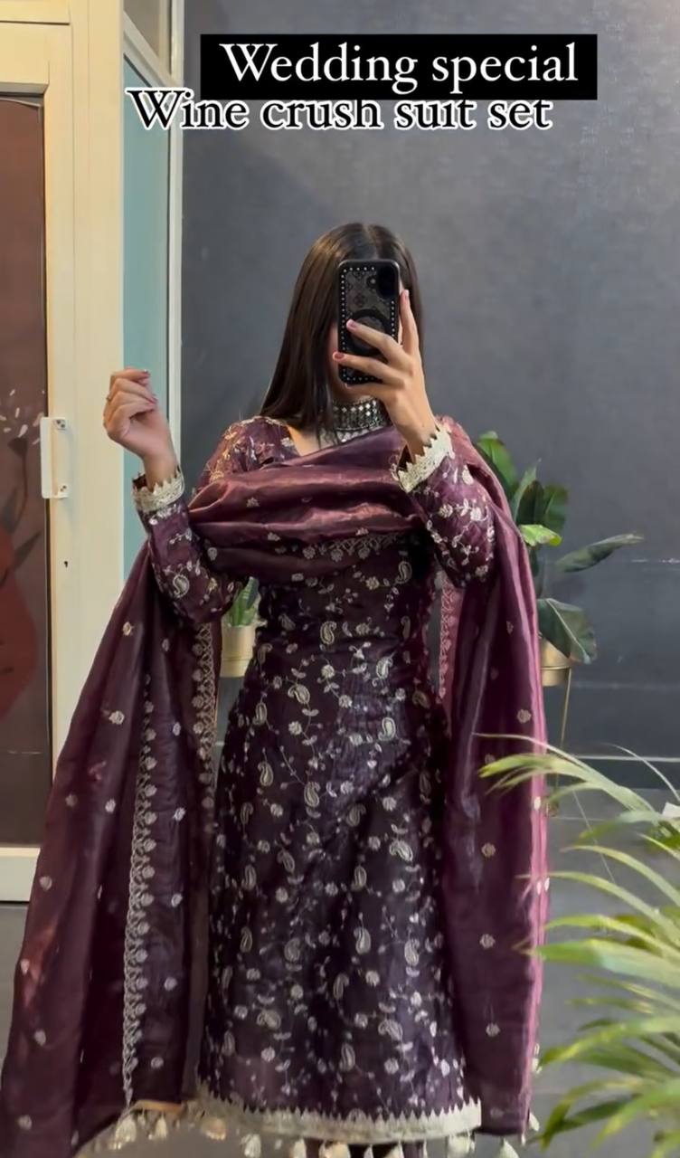 Wine silk kurta set for women,3pc suit