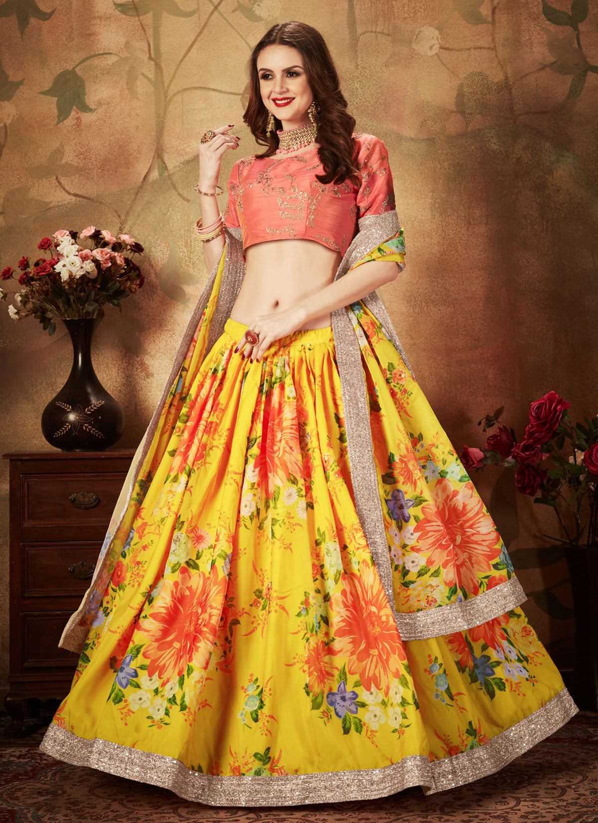 Mustard Organza Digital Print Work Designer Lehenga Choli