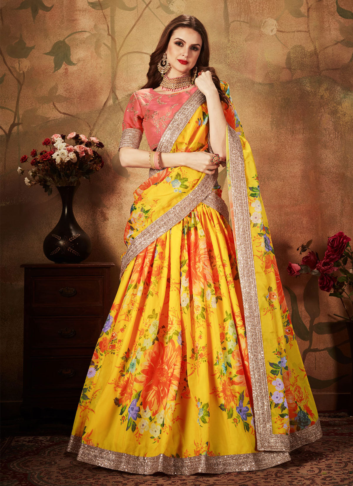 Mustard Organza Digital Print Work Designer Lehenga Choli