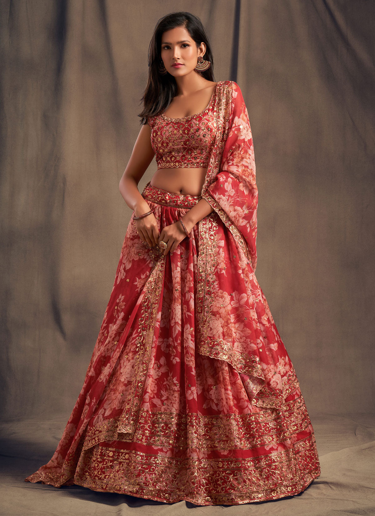Digital Print Work Organza Designer Lehenga Choli In Red