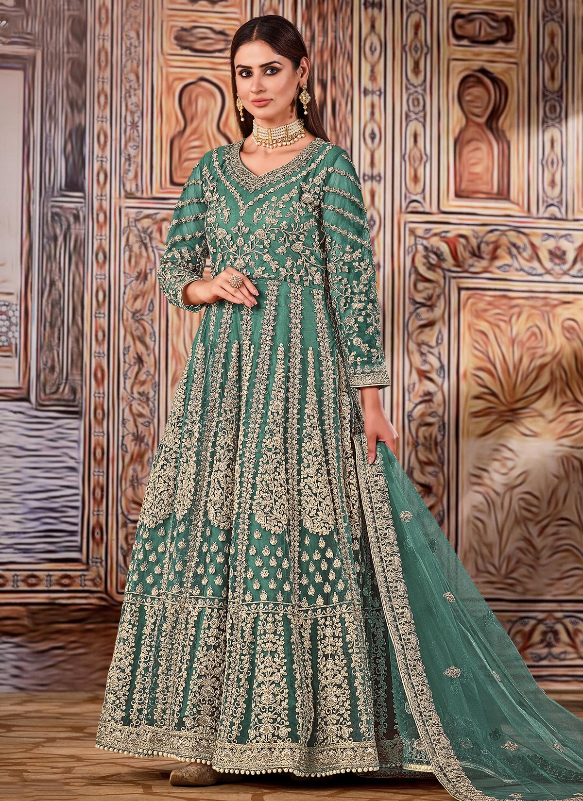 Embroidered Work Net Anarkali Suit In Green For Festival