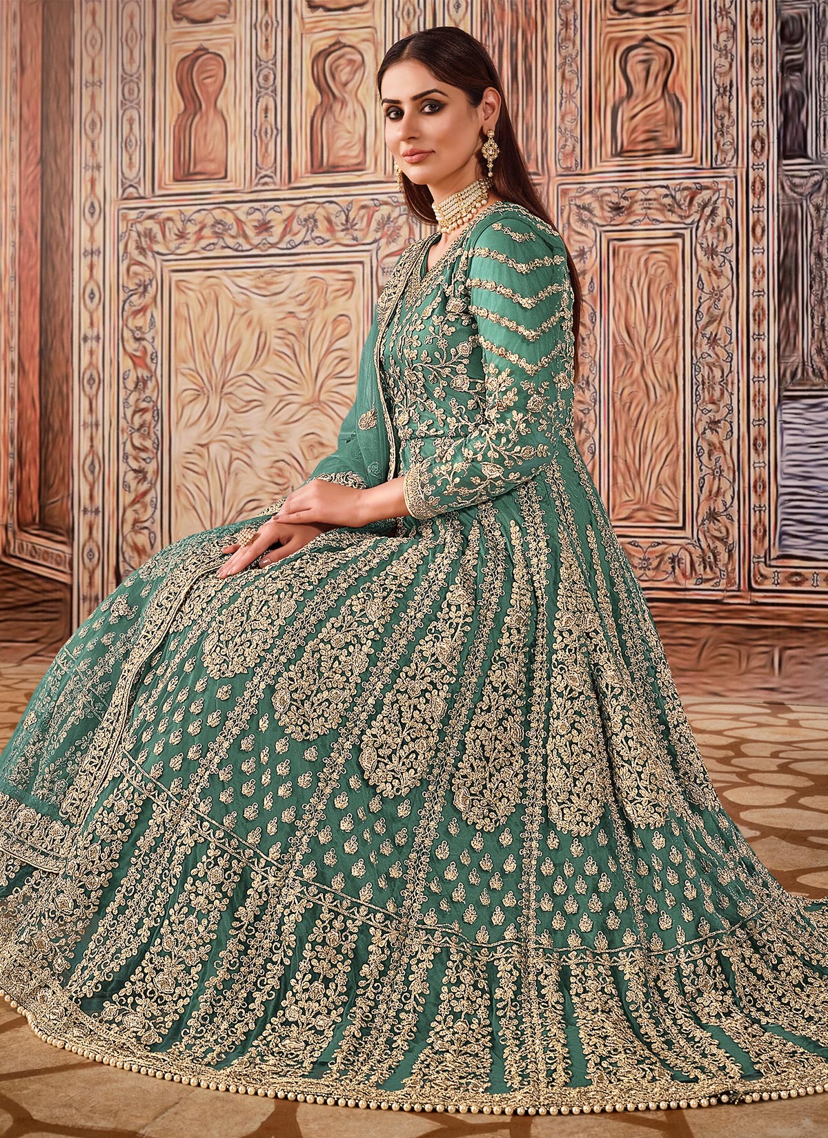 Embroidered Work Net Anarkali Suit In Green For Festival