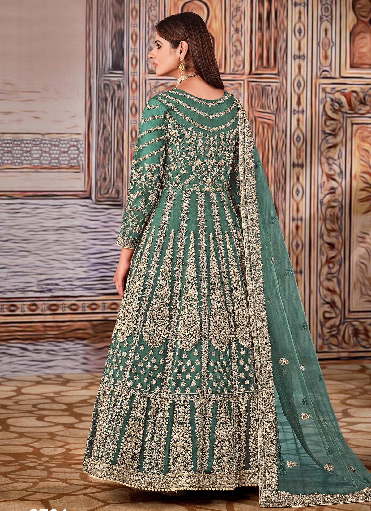 Embroidered Work Net Anarkali Suit In Green For Festival