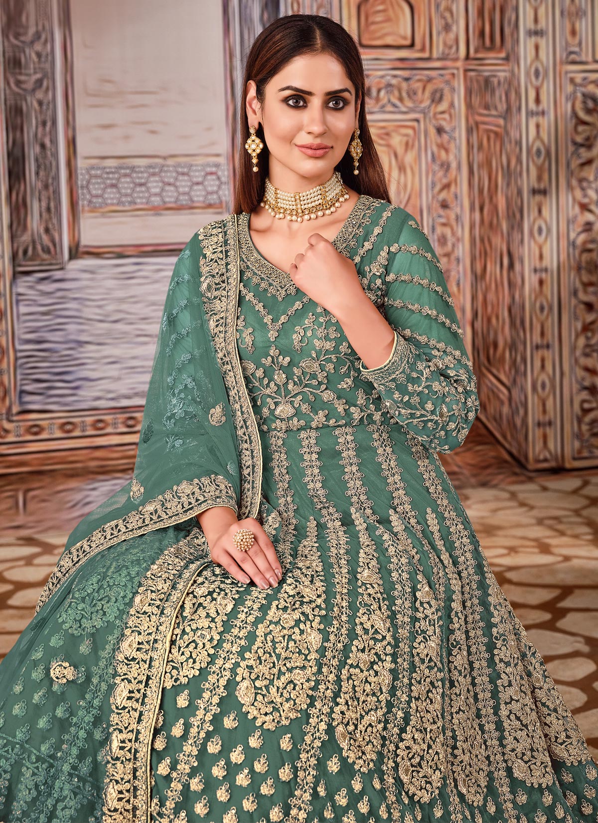 Embroidered Work Net Anarkali Suit In Green For Festival