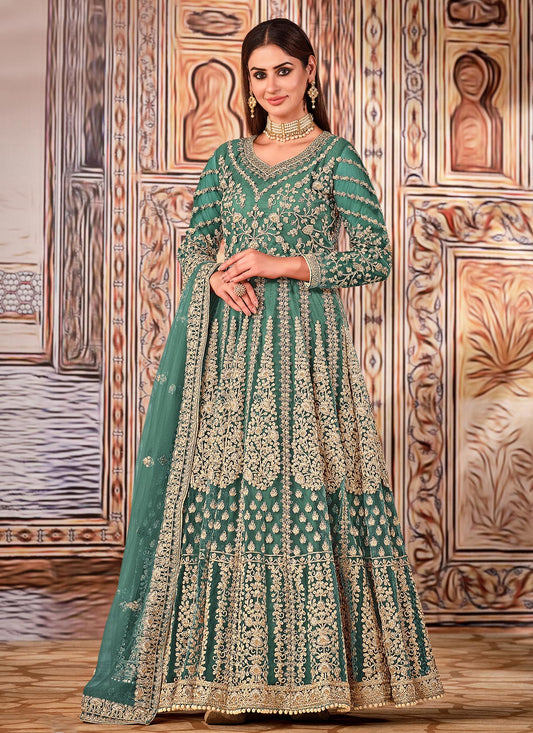 Embroidered Work Net Anarkali Suit In Green For Festival