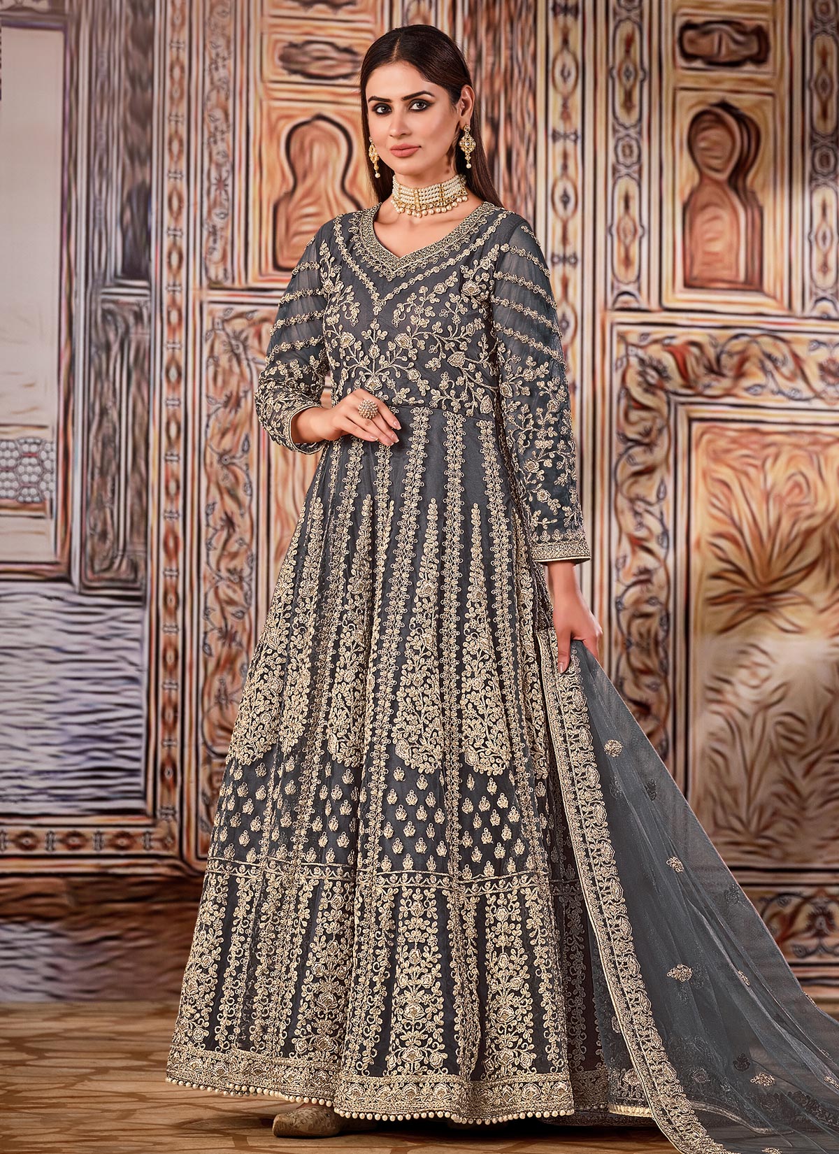 Grey Net Anarkali Suit With Embroidered Work For Party