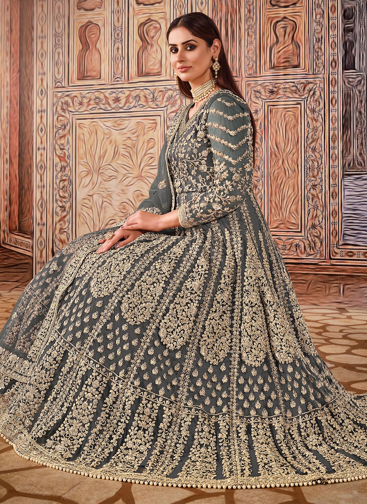 Grey Net Anarkali Suit With Embroidered Work For Party