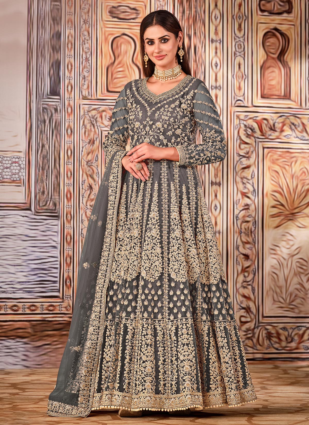 Grey Net Anarkali Suit With Embroidered Work For Party