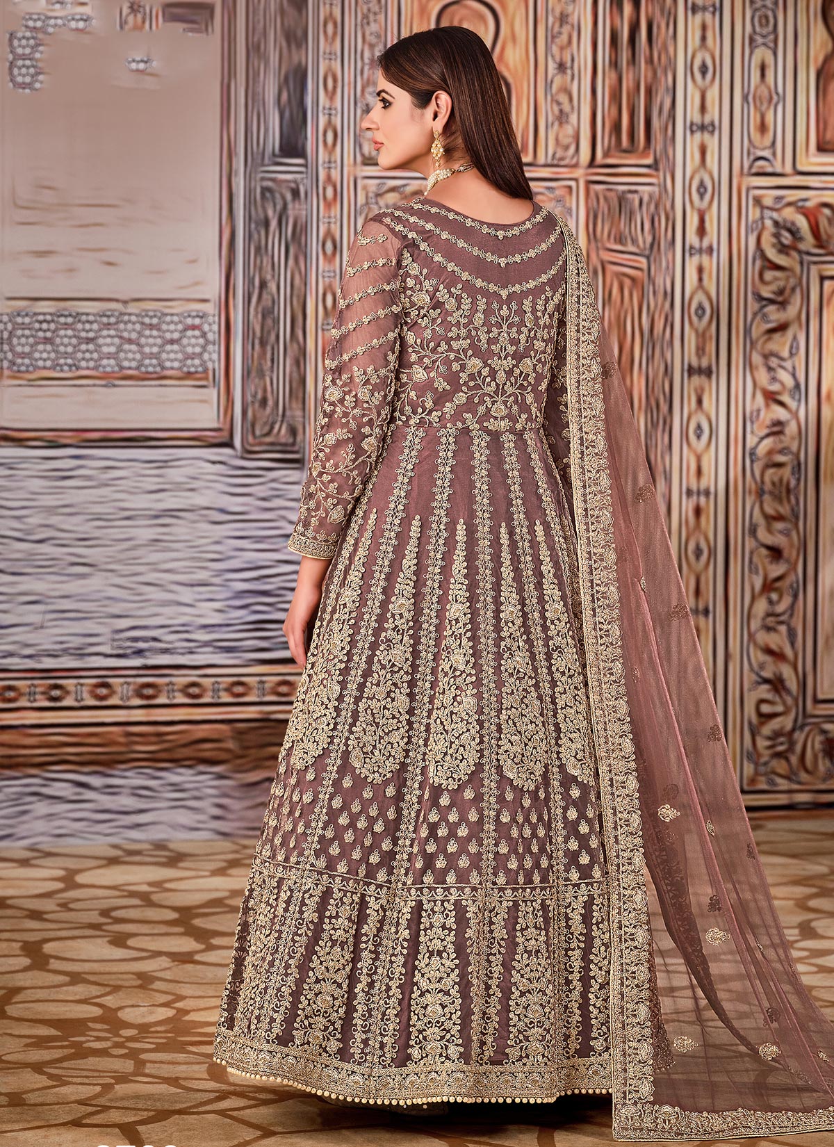 Embroidered Work Net Anarkali Suit In Brown For Women