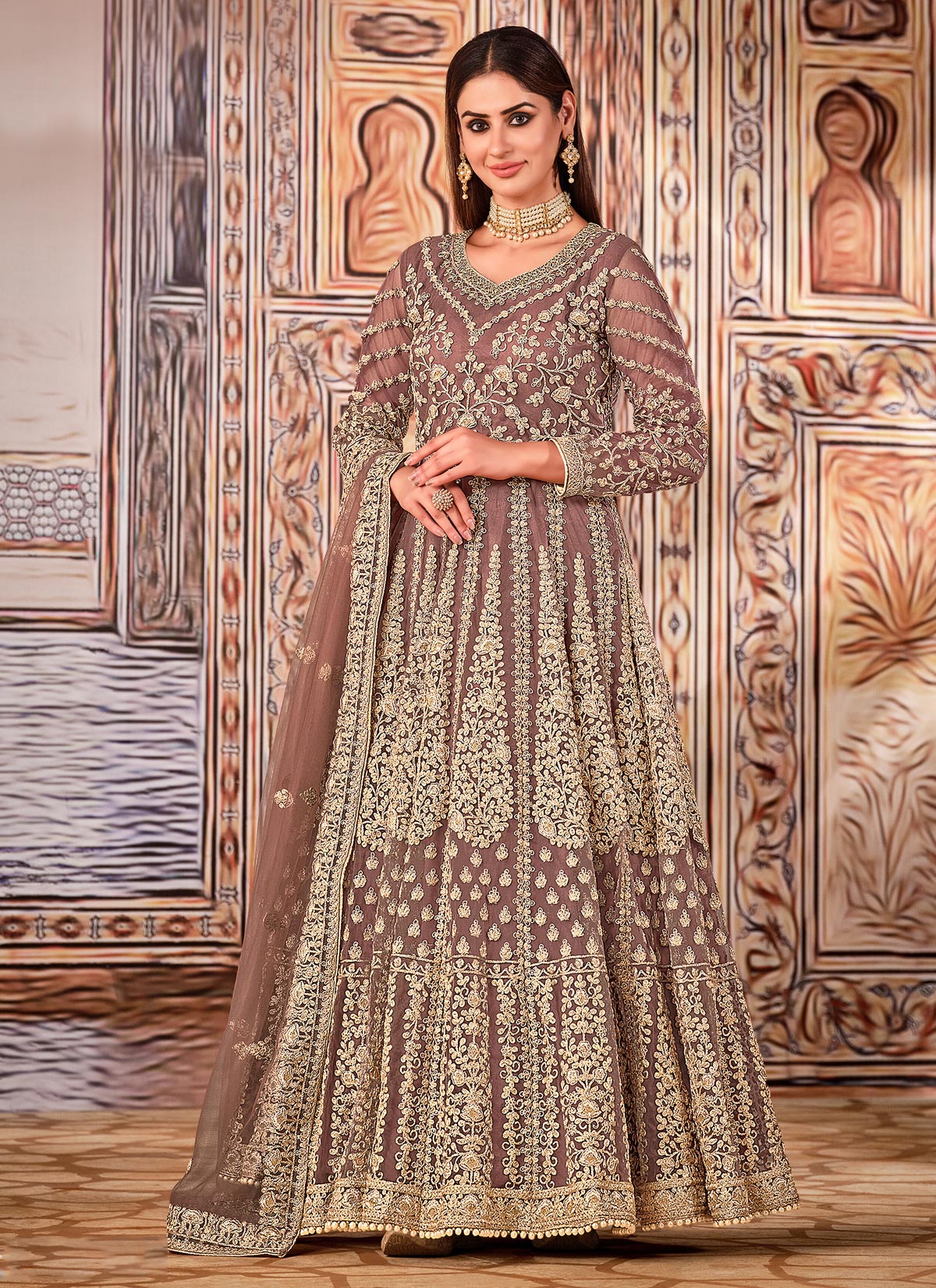 Embroidered Work Net Anarkali Suit In Brown For Women
