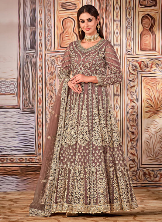Embroidered Work Net Anarkali Suit In Brown For Women