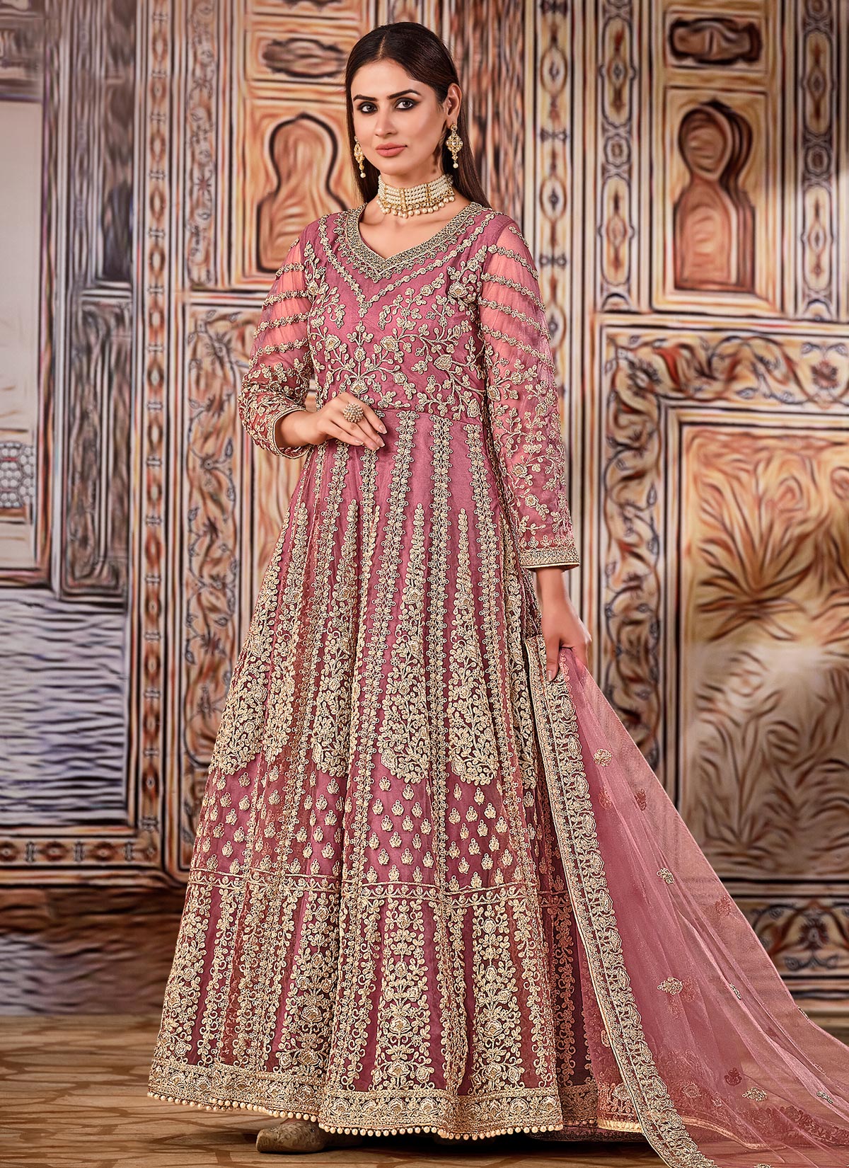 Net Anarkali Suit In Pink With Embroidered Work For Women