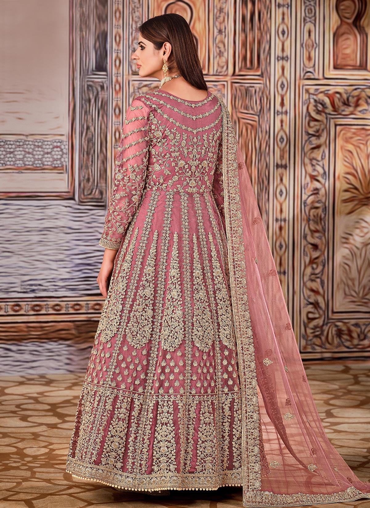Net Anarkali Suit In Pink With Embroidered Work For Women