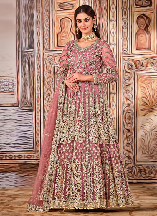 Net Anarkali Suit In Pink With Embroidered Work For Women