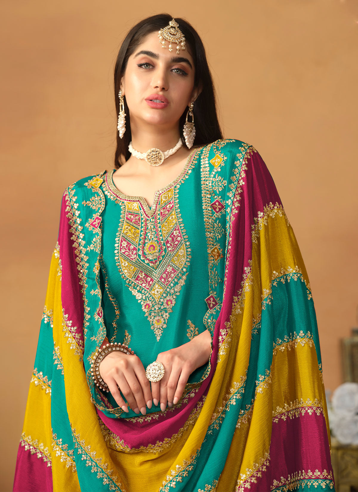 Resham Work Chinon Silk Straight Suit In Turquoise For Festival