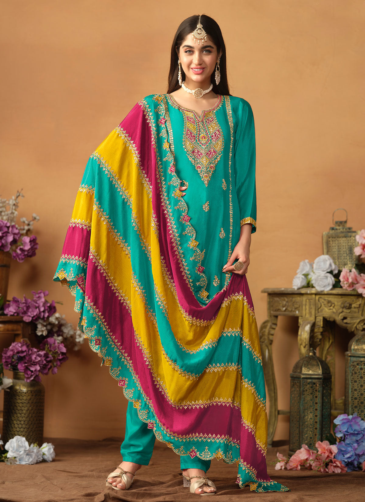 Resham Work Chinon Silk Straight Suit In Turquoise For Festival