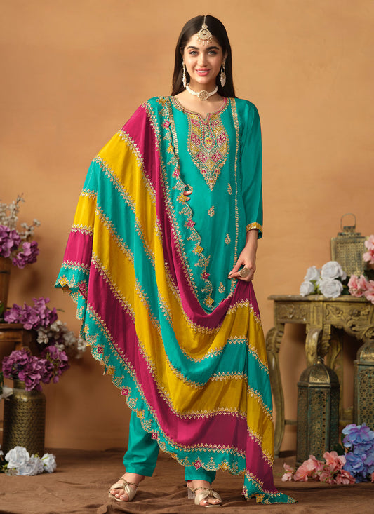 Resham Work Chinon Silk Straight Suit In Turquoise For Festival