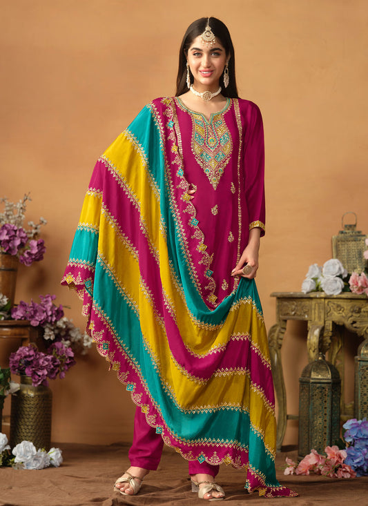 Rose Pink Chino Silk Straight Suit With Sequins Work For Festival