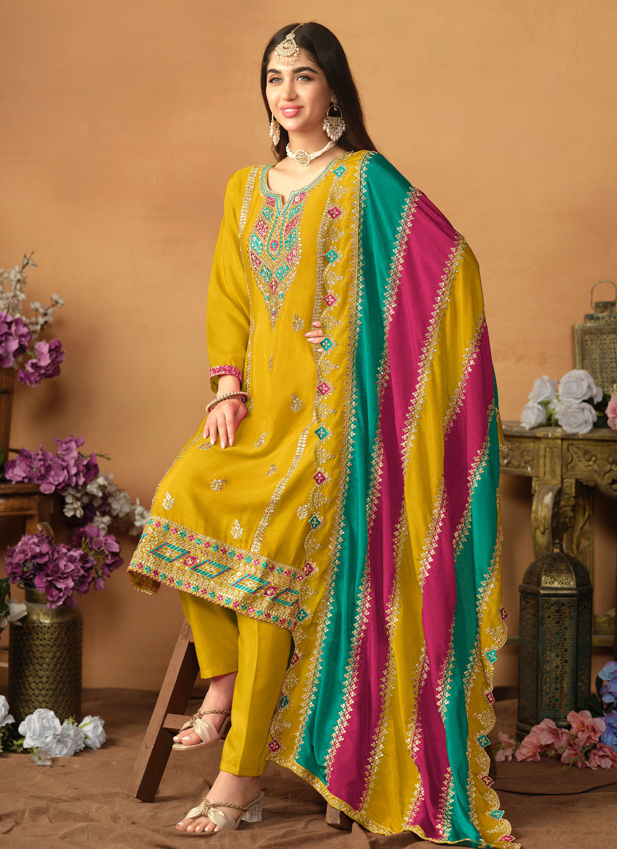 Embroidered Work Straight Suit For Festival In Yellow