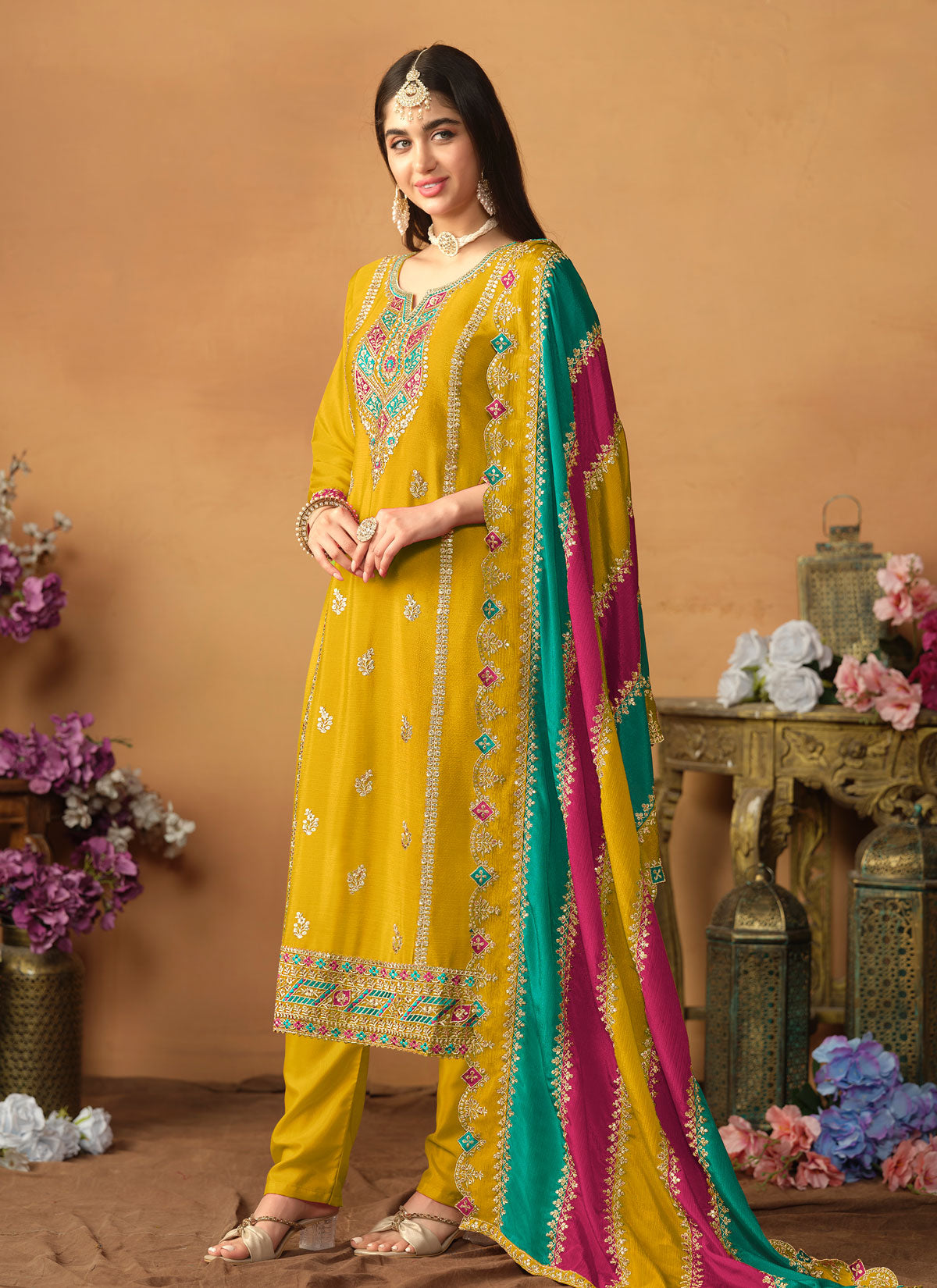 Embroidered Work Straight Suit For Festival In Yellow
