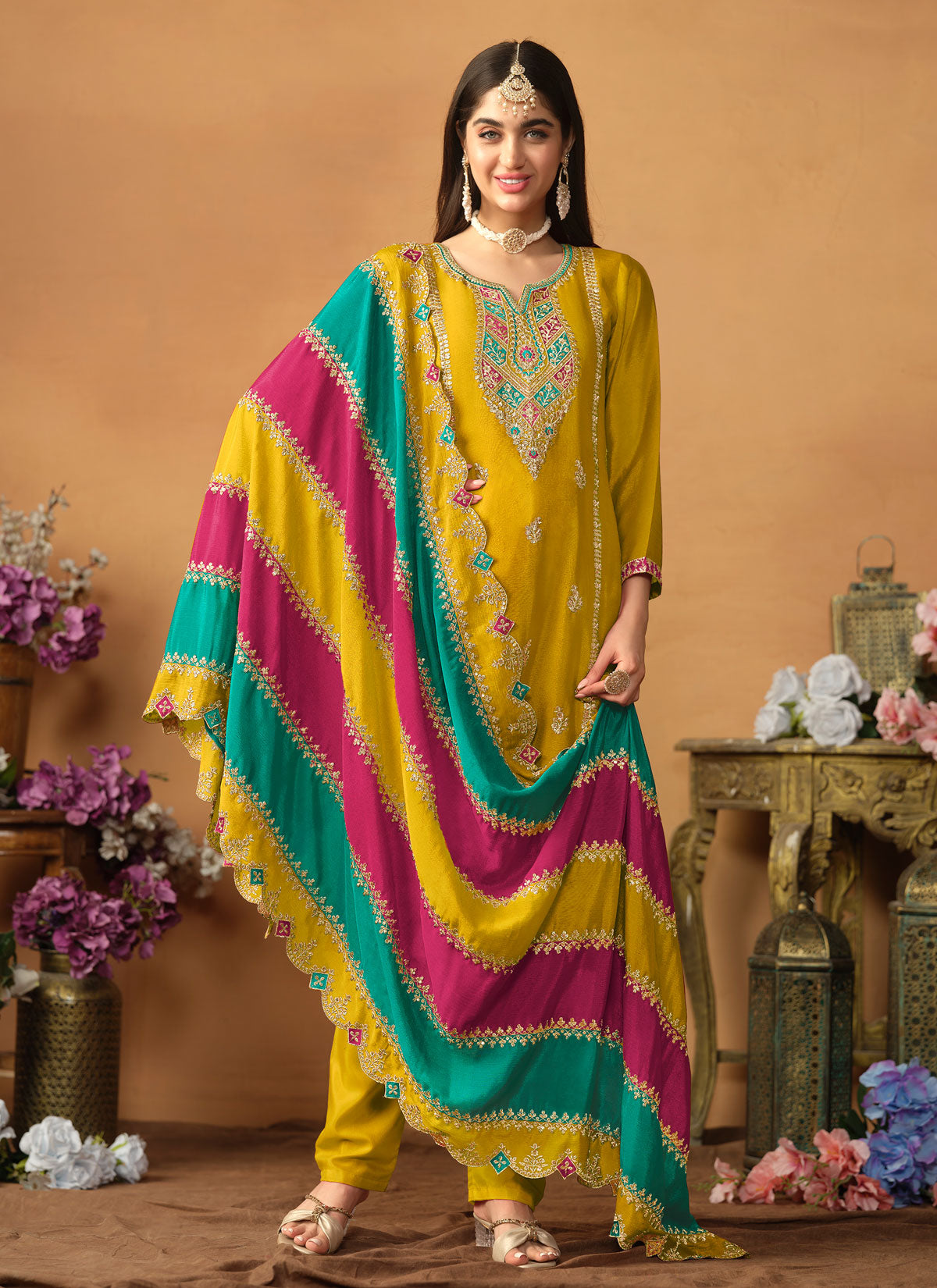 Embroidered Work Straight Suit For Festival In Yellow