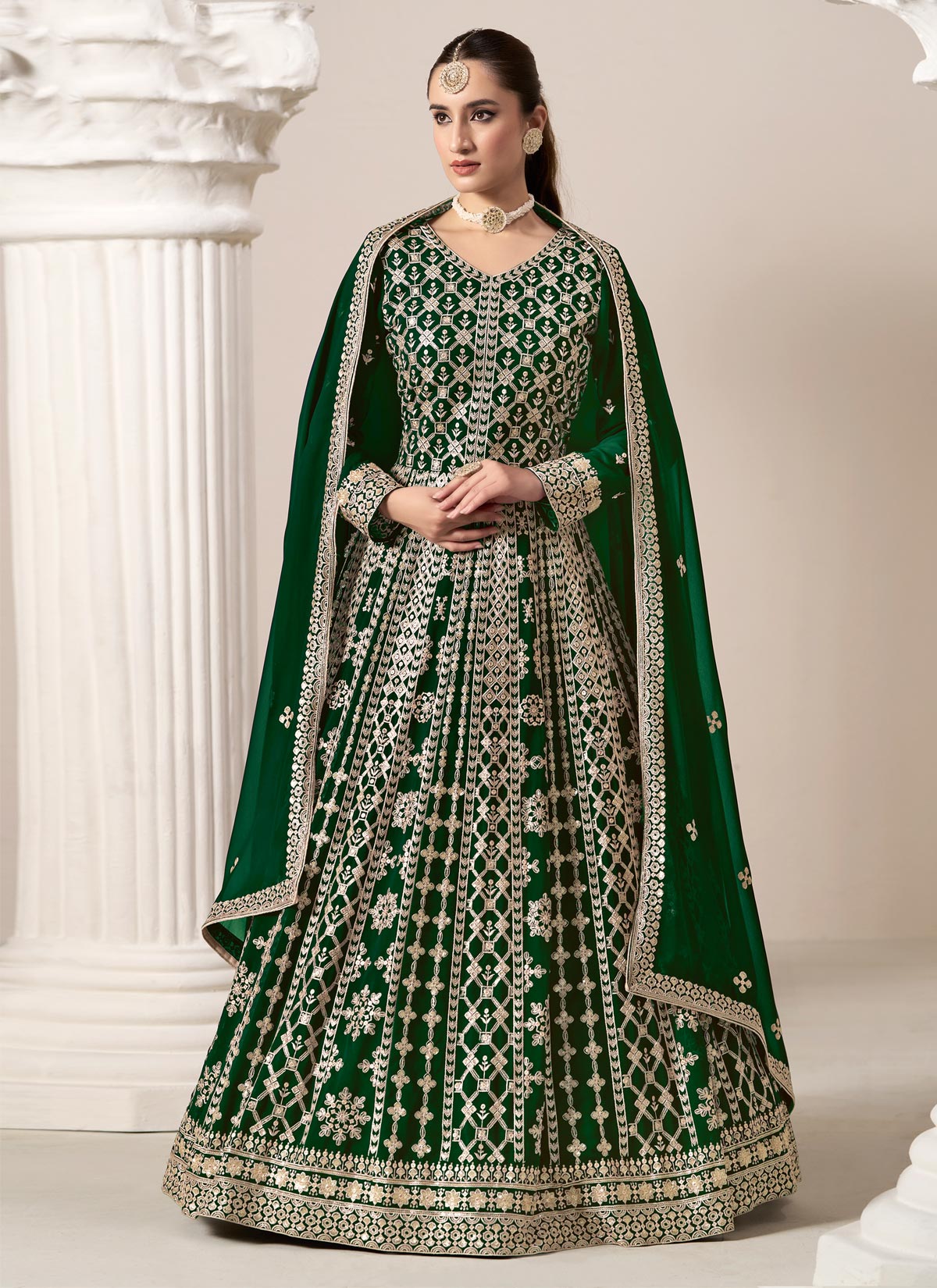 Georgette Anarkali Suit With Embroidered Work In Bottle Green