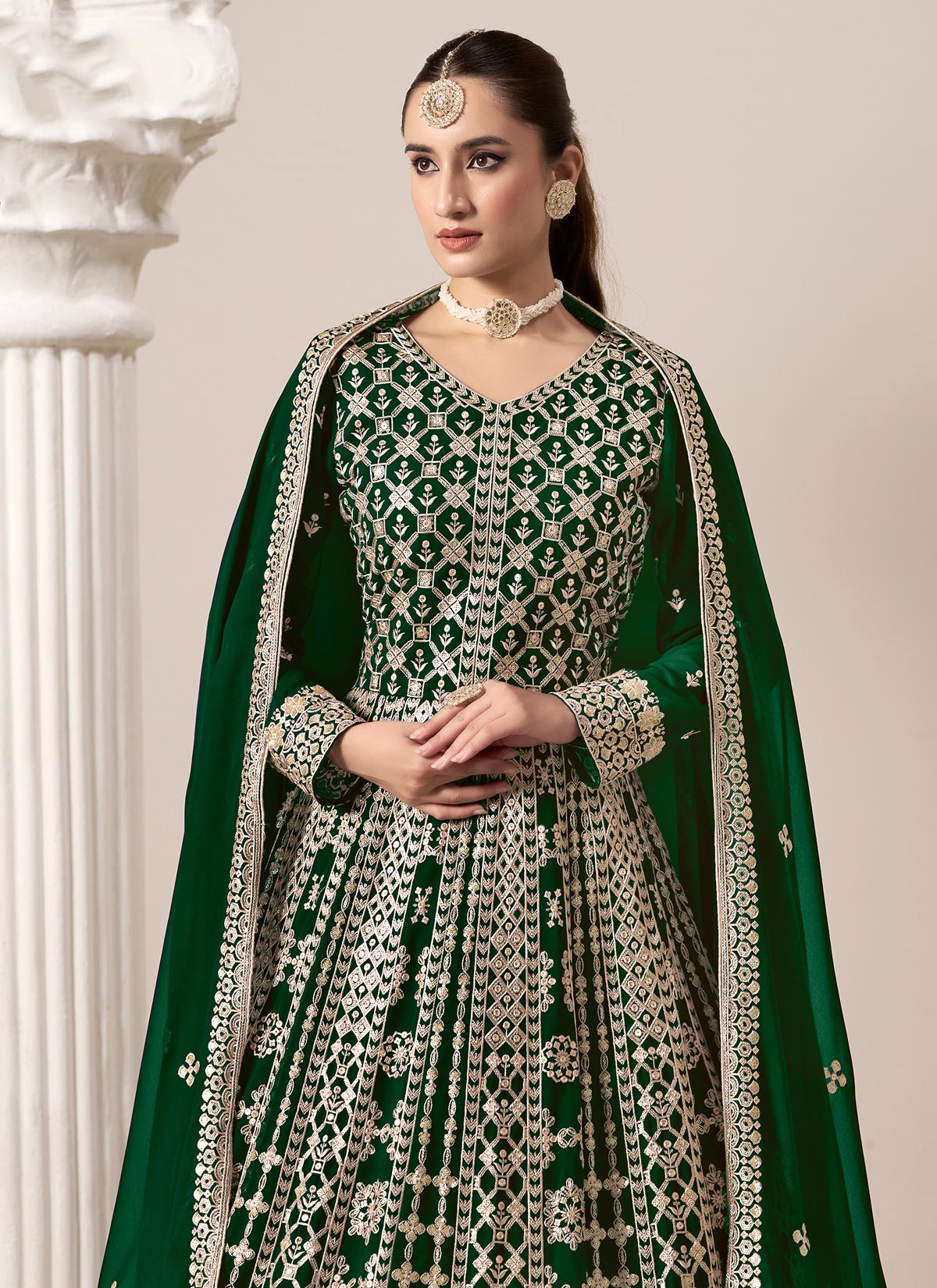 Georgette Anarkali Suit With Embroidered Work In Bottle Green