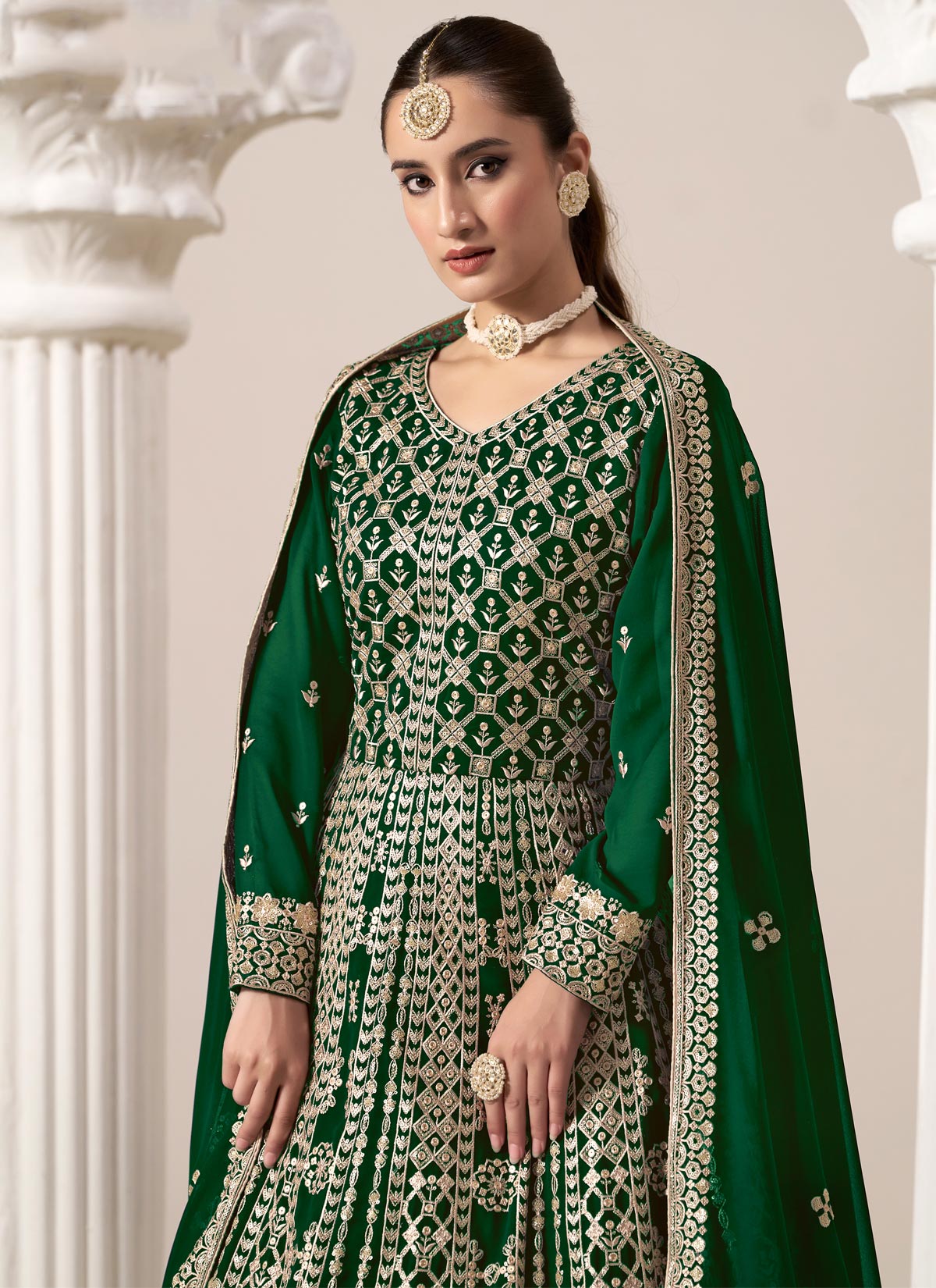 Georgette Anarkali Suit With Embroidered Work In Bottle Green