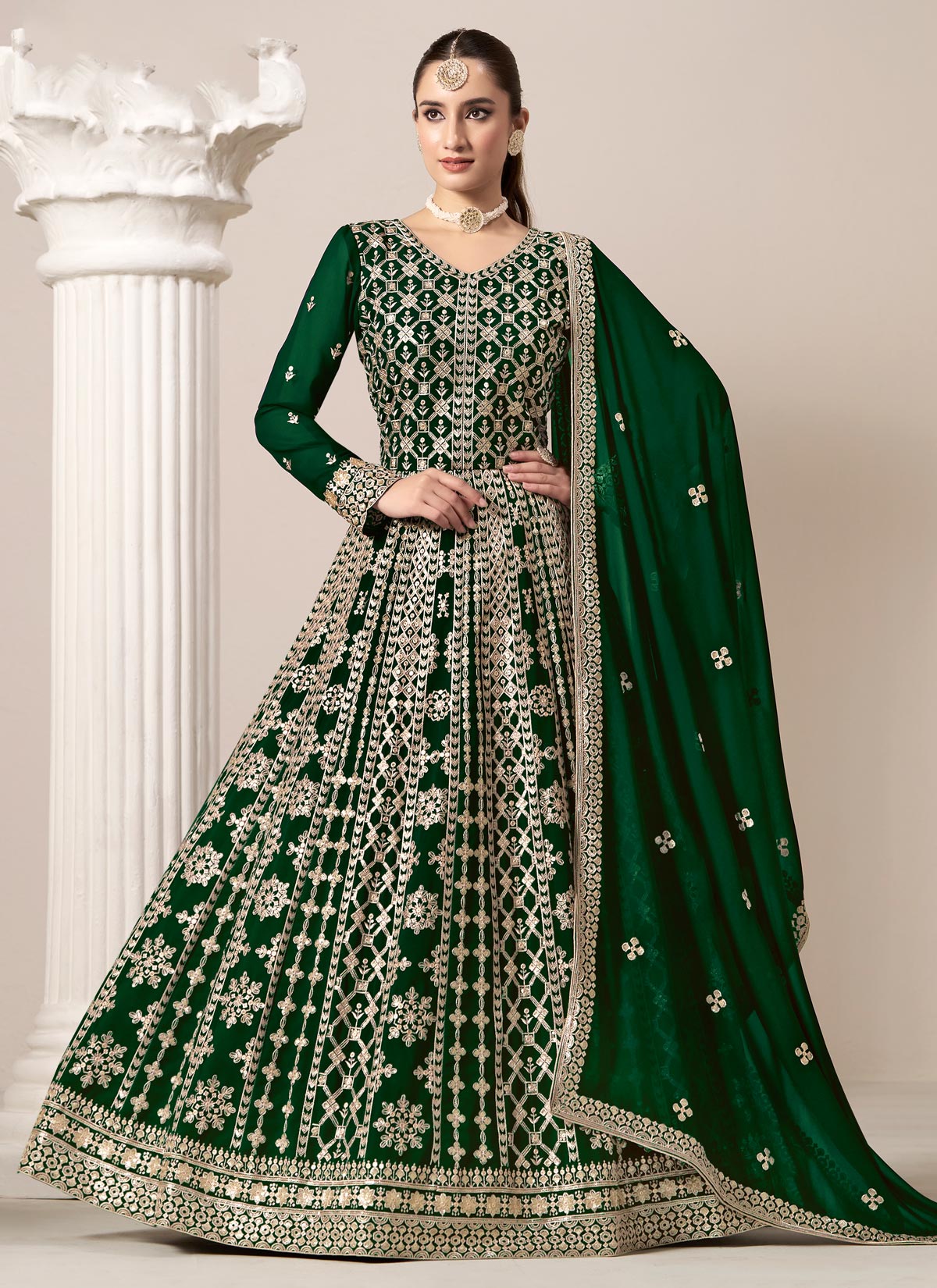 Georgette Anarkali Suit With Embroidered Work In Bottle Green