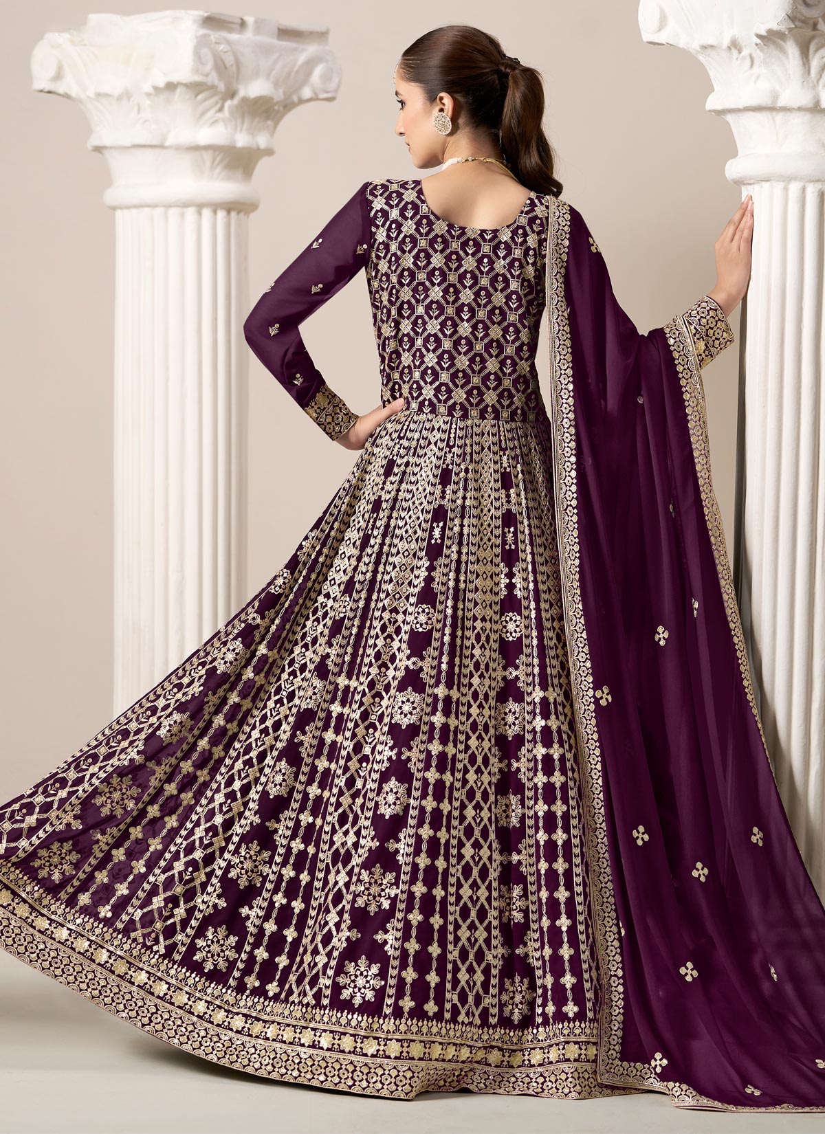 Georgette Anarkali Suit In Purple With Sequins Work For Ceremonial