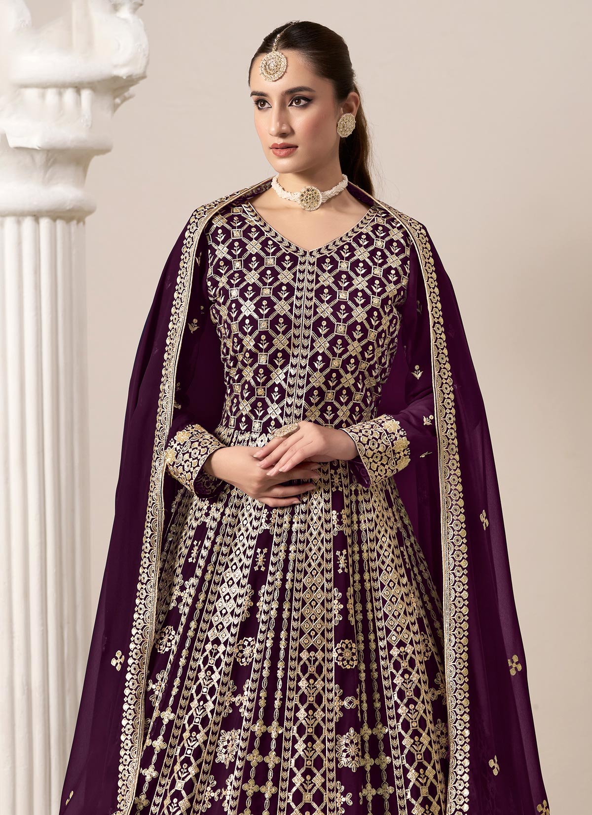Georgette Anarkali Suit In Purple With Sequins Work For Ceremonial