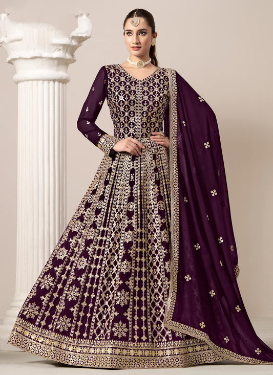 Georgette Anarkali Suit In Purple With Sequins Work For Ceremonial