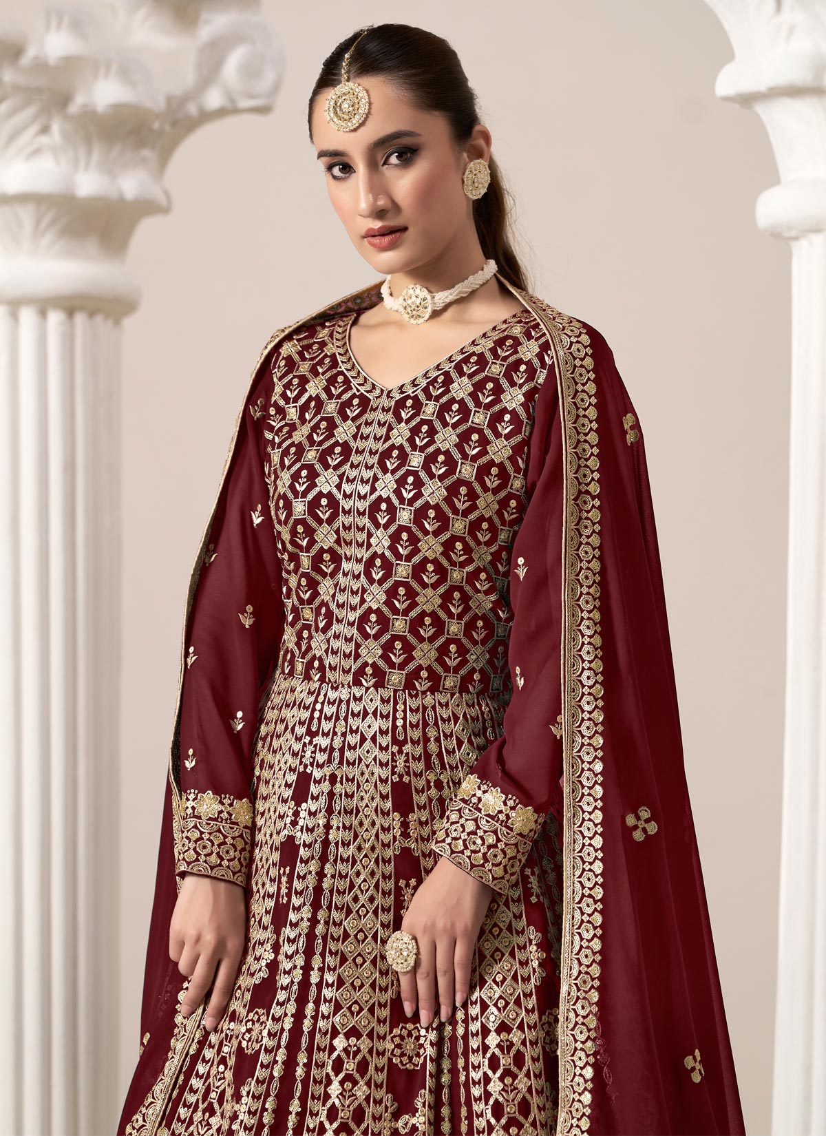 Embroidered Work Georgette Anarkali Suit In Maroon For Party