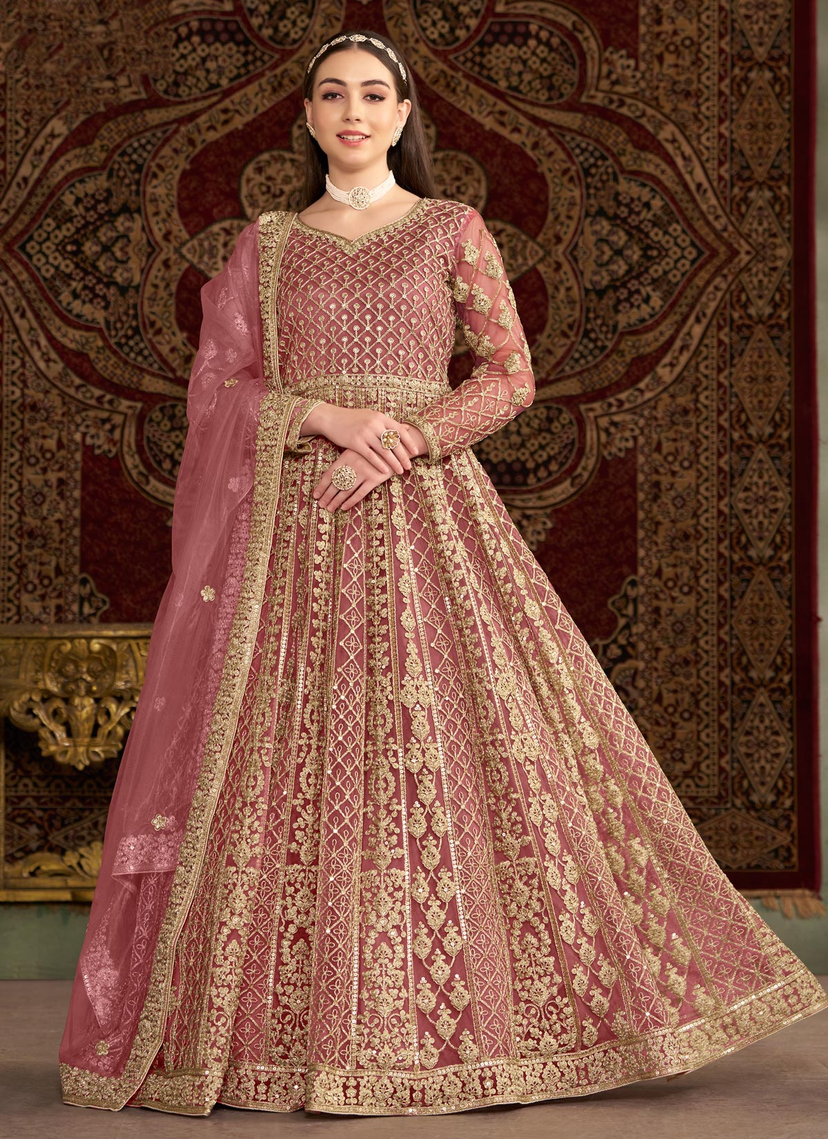 Net Anarkali Suit With Embroidered Work In Pink