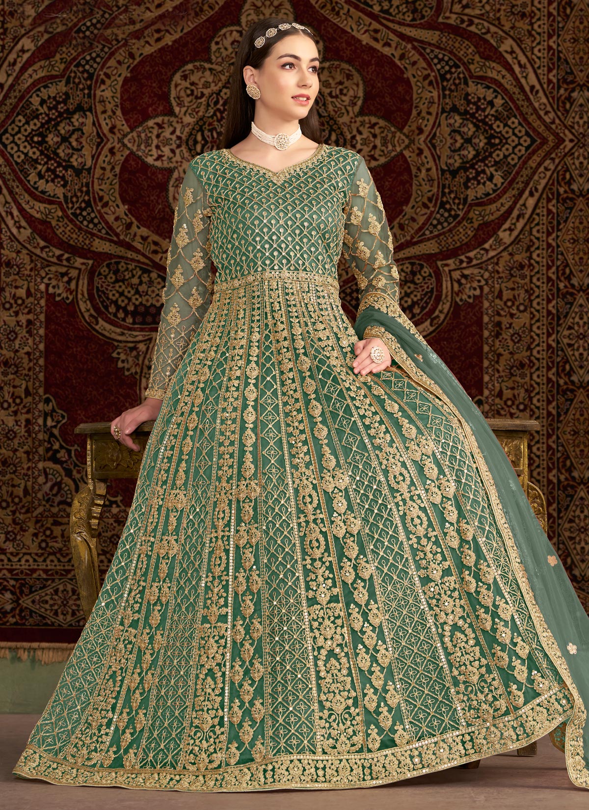 Net Anarkali Suit In Sea Green With Resham Work For Ceremonial