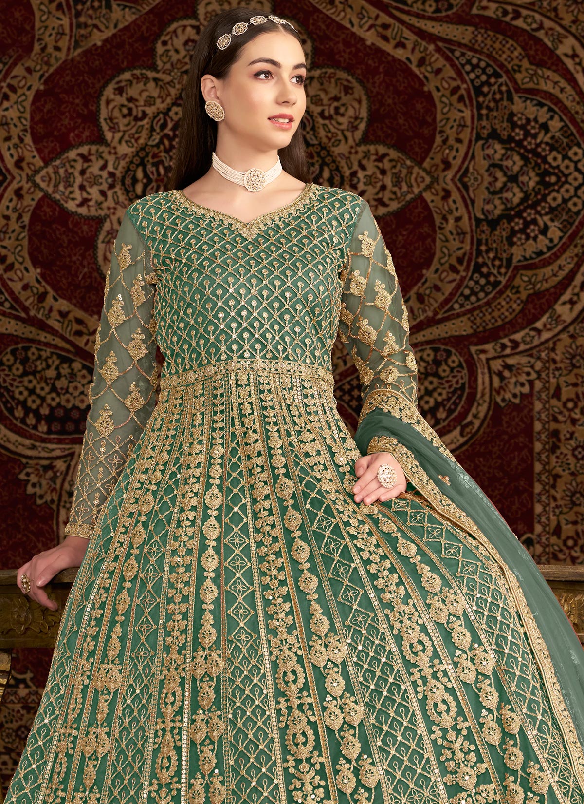 Net Anarkali Suit In Sea Green With Resham Work For Ceremonial