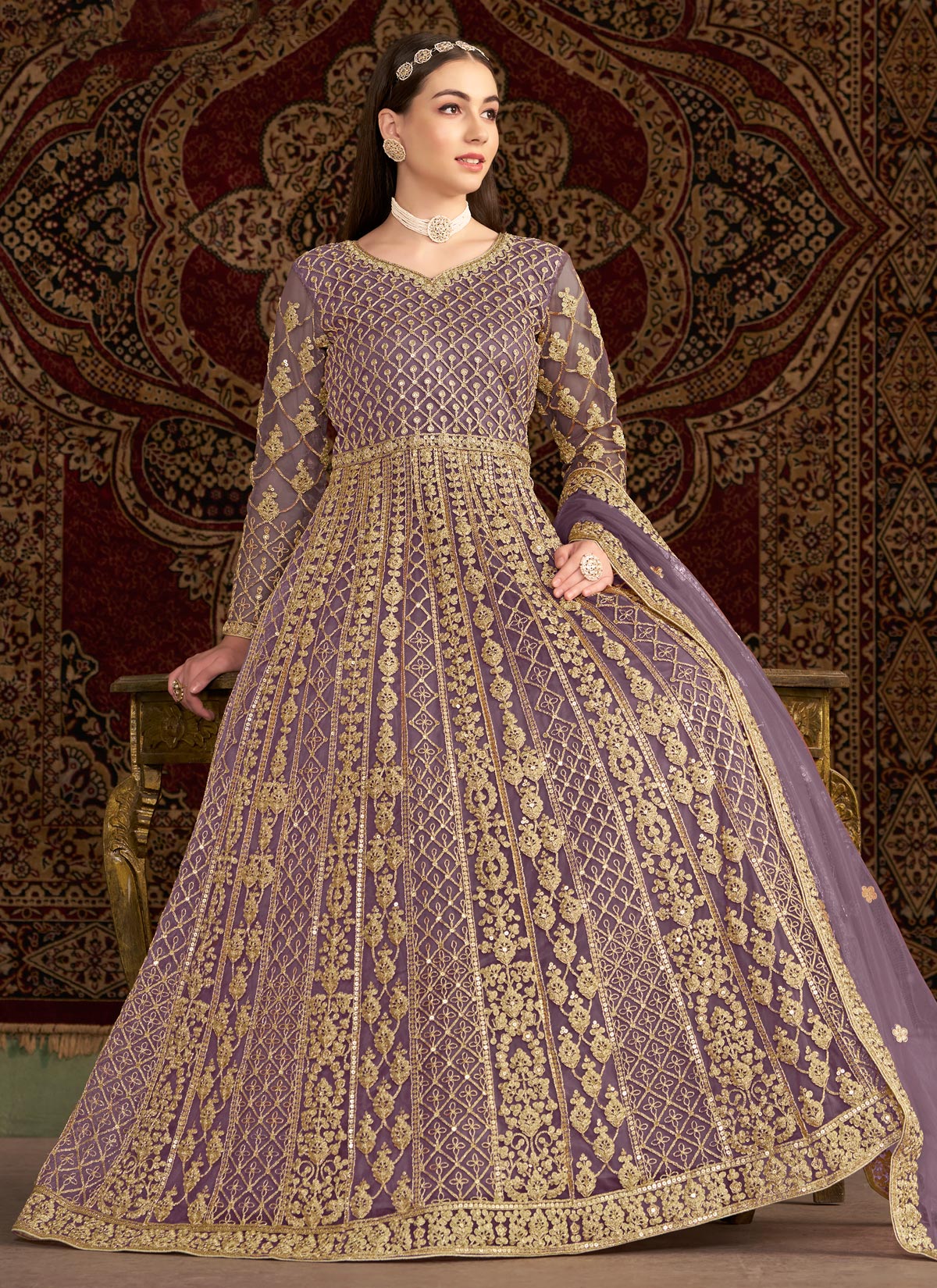 Embroidered Work Net Anarkali Suit In Violet For Women
