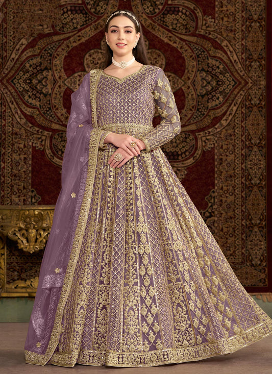 Embroidered Work Net Anarkali Suit In Violet For Women