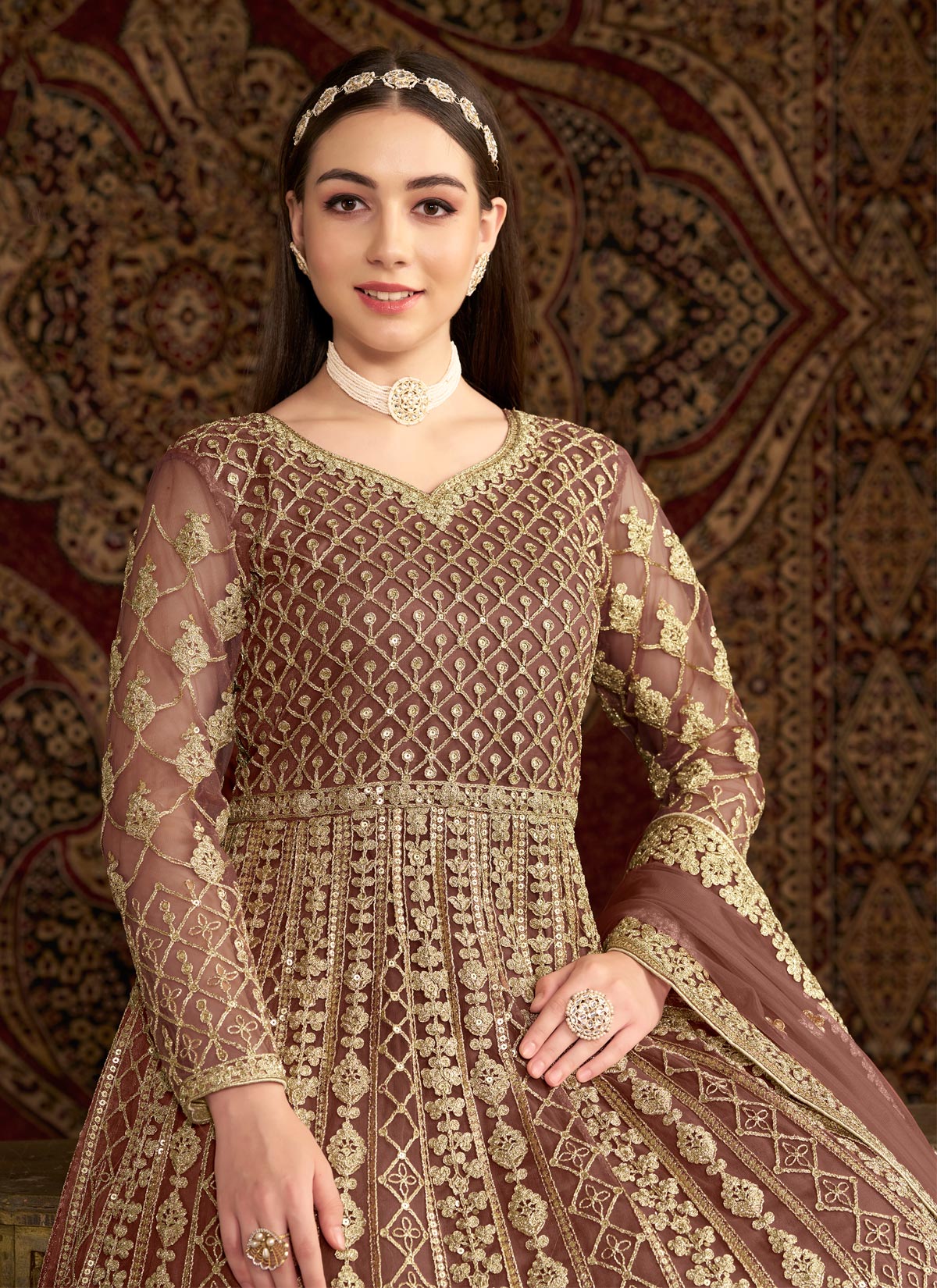 Embroidered Work Net Anarkali Suit In Brown For Wedding