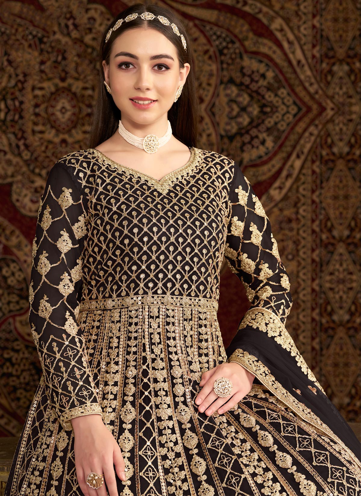 Black Net Anarkali Suit With Embroidered Work For Festival
