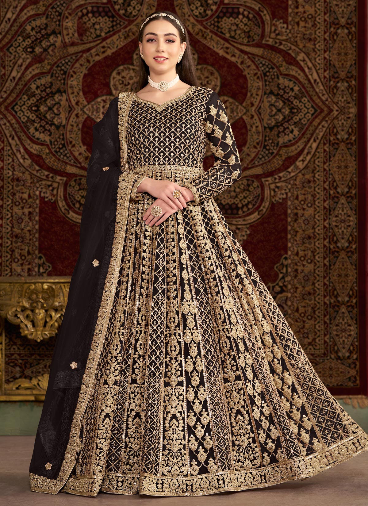 Black Net Anarkali Suit With Embroidered Work For Festival