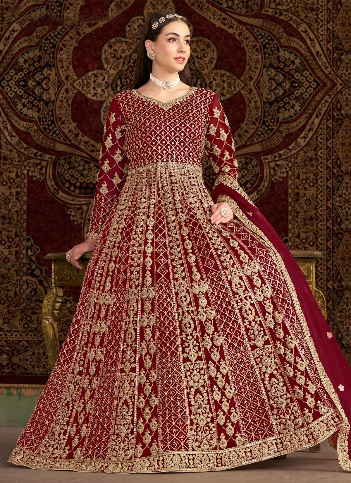 Embroidered Work Net Anarkali Suit In Red For Women