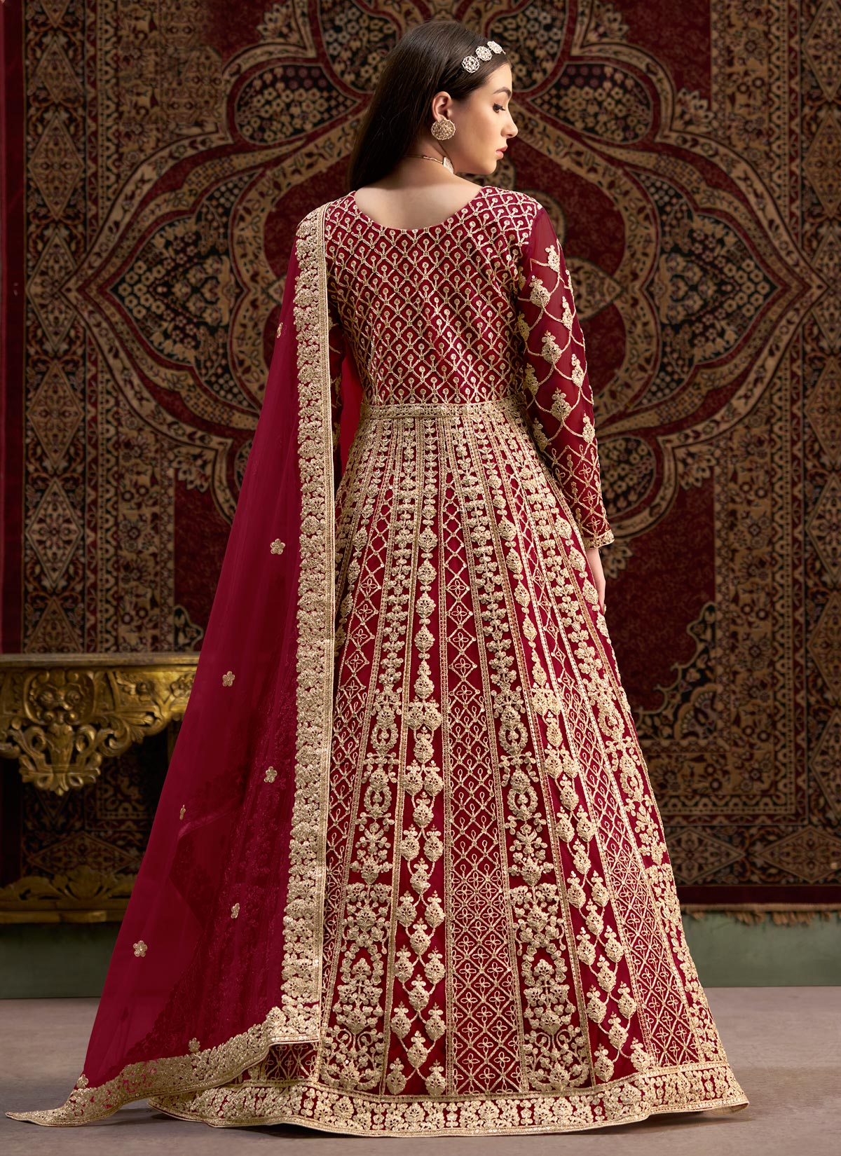 Embroidered Work Net Anarkali Suit In Red For Women