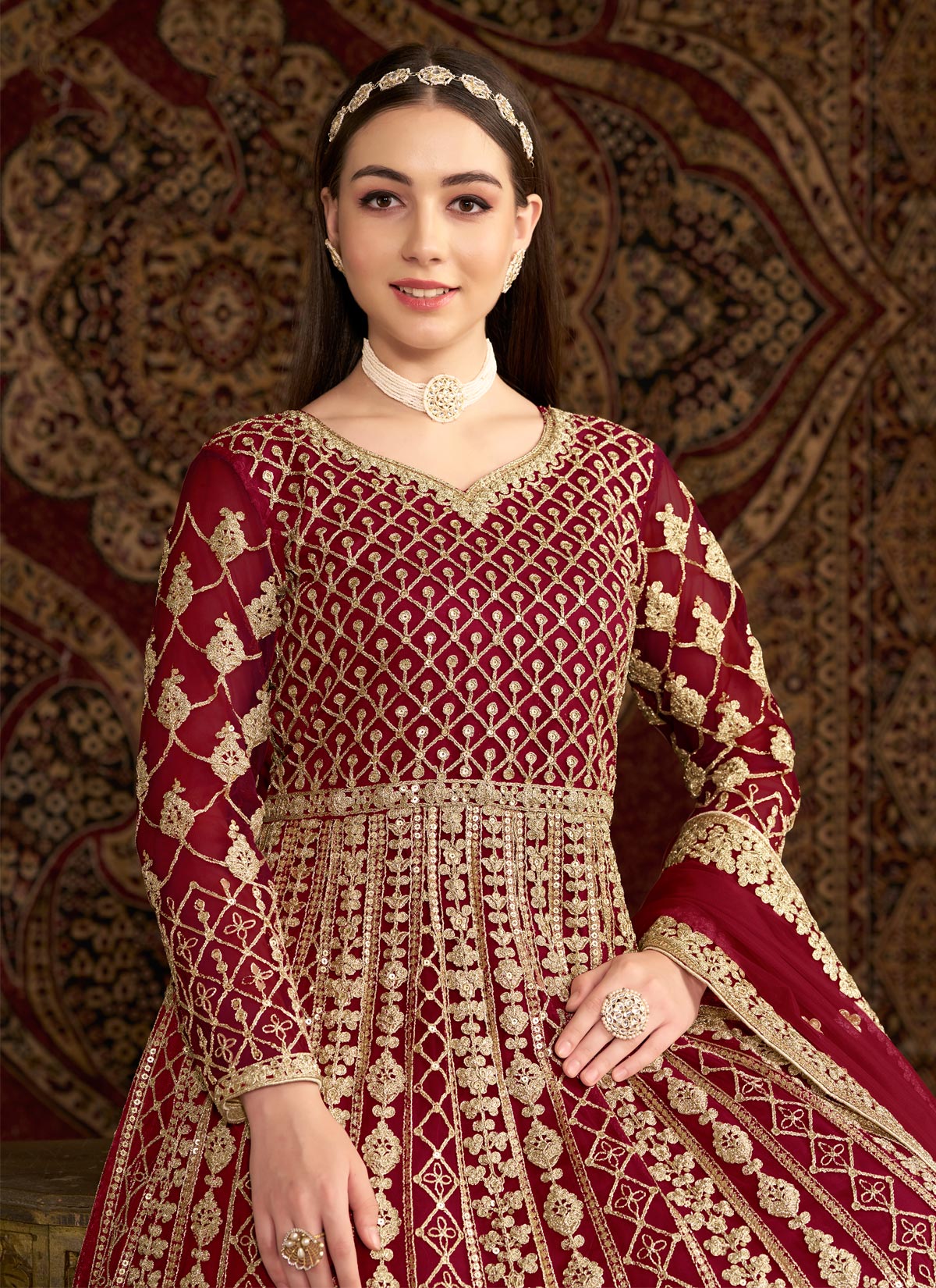 Embroidered Work Net Anarkali Suit In Red For Women