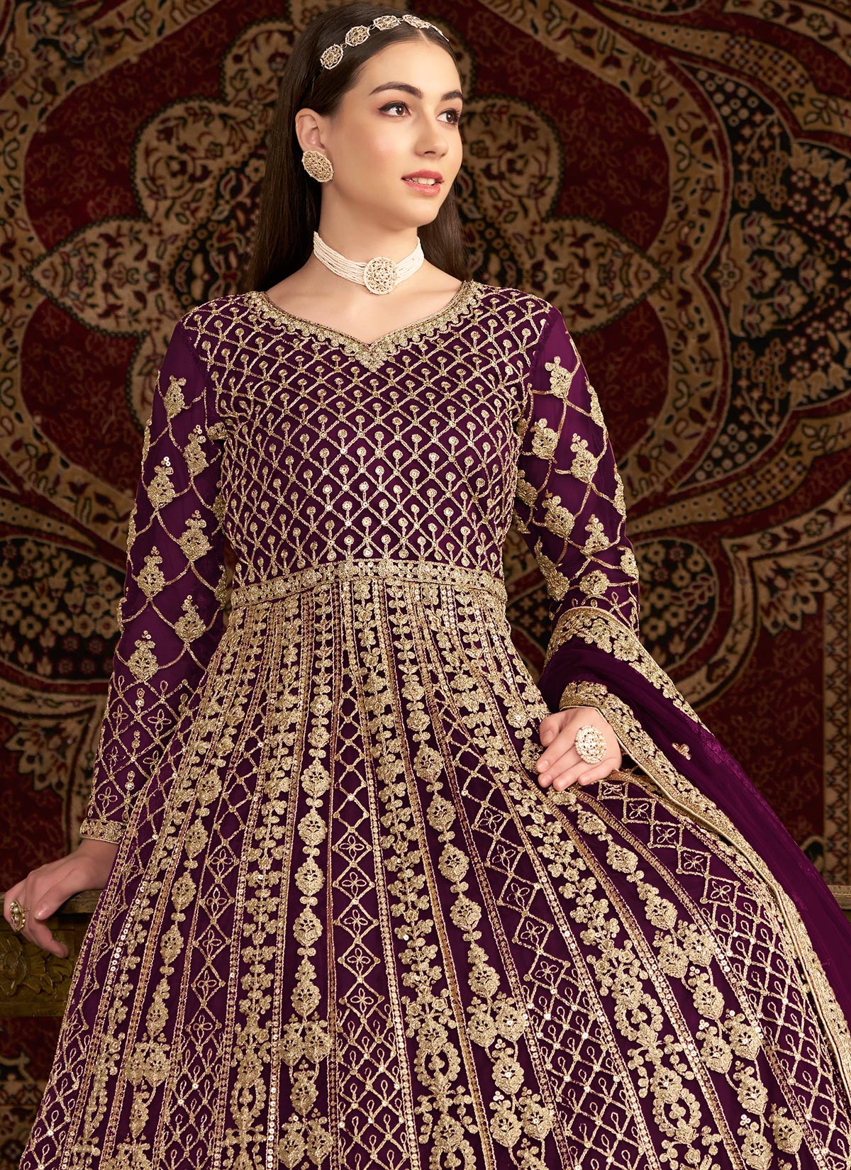 Net Embroidered Work Designer Anarkali Suit In Purple