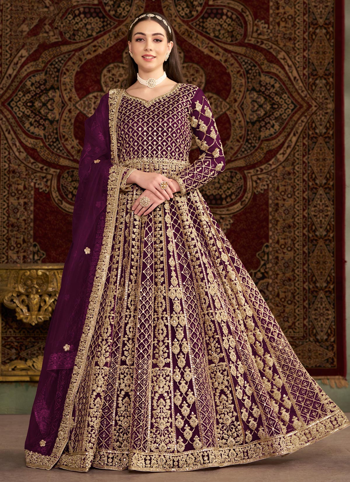 Net Embroidered Work Designer Anarkali Suit In Purple