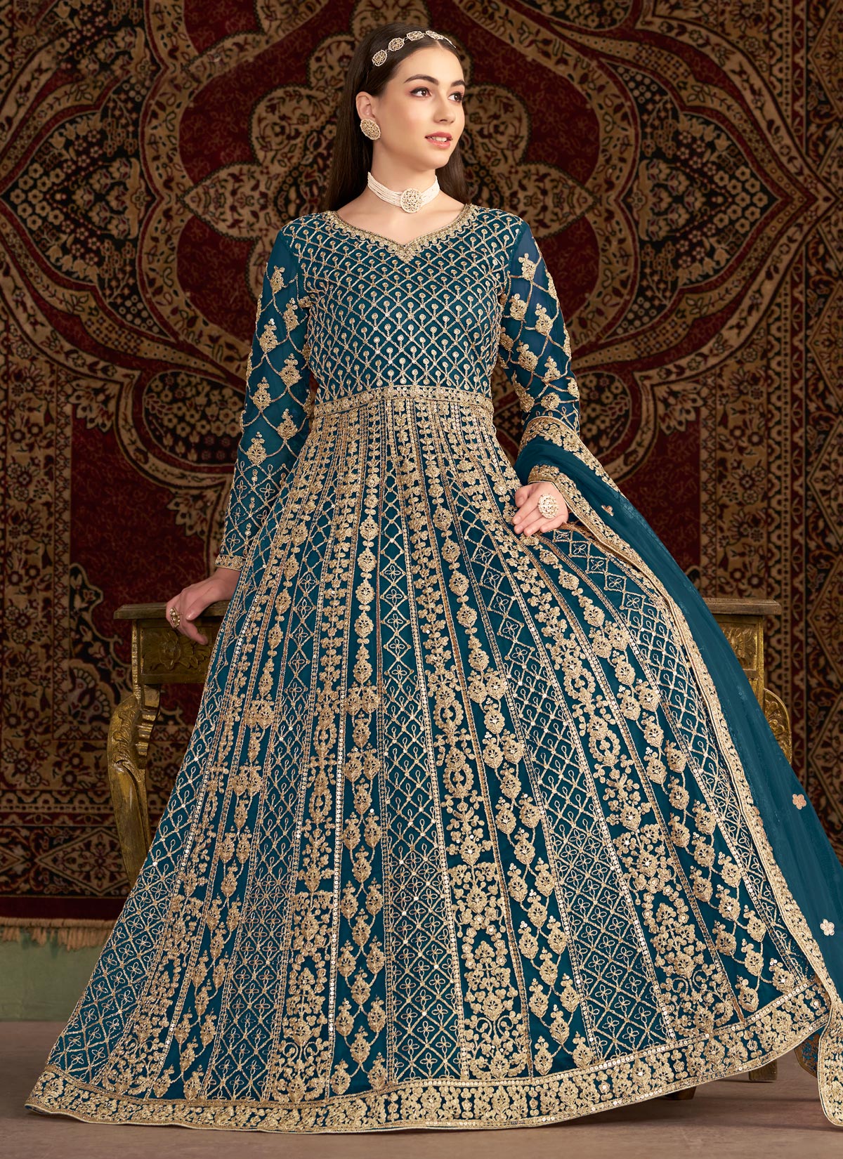 Embroidered Work Net Anarkali Suit In Teal For Women