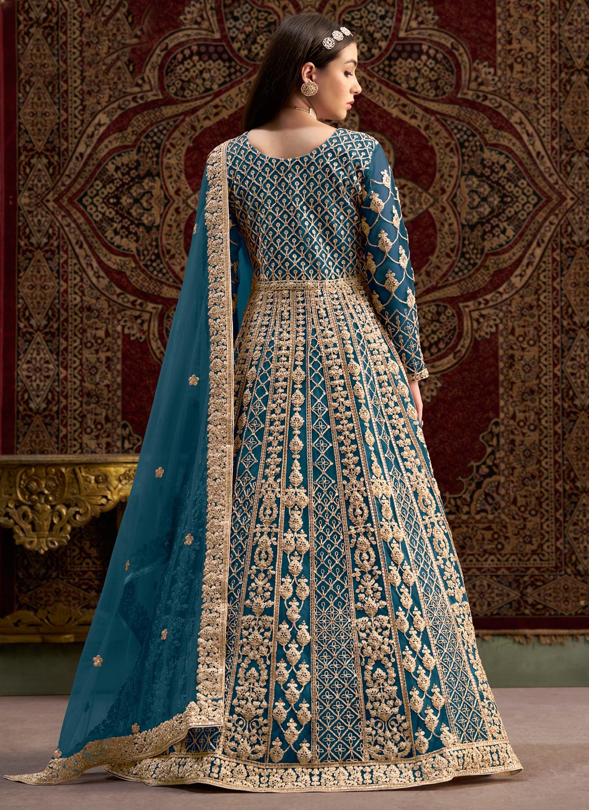 Embroidered Work Net Anarkali Suit In Teal For Women