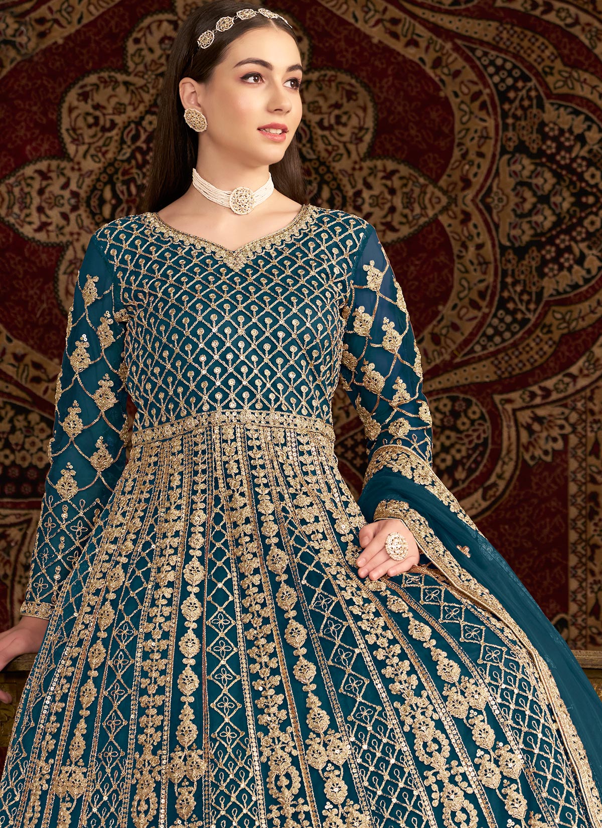 Embroidered Work Net Anarkali Suit In Teal For Women